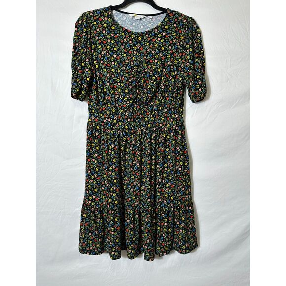 Boden Women's Jersey Knit Ruched Bust Floral Mini Dress Ruffle Hem Pockets SZ 8 - Picture 1 of 5